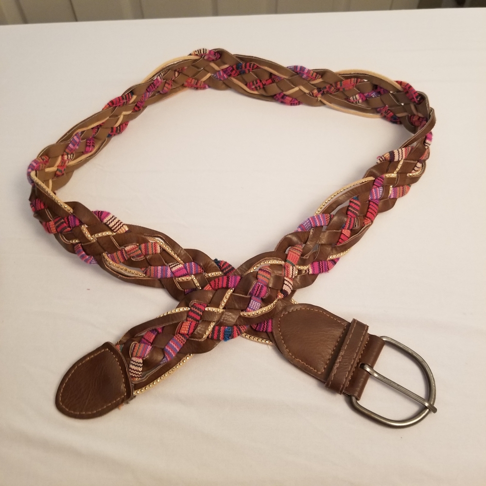 Braided Leather And Fabric Womens Belt  Size 9, 36 Inch 2inch Wide Buckle Y2K